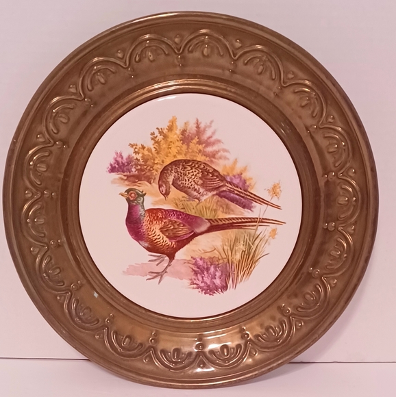Vintage Pair of Brass and Ceramic Wall Plates Duck and Grouse Ceramic Centers - Picture 5 of 7
